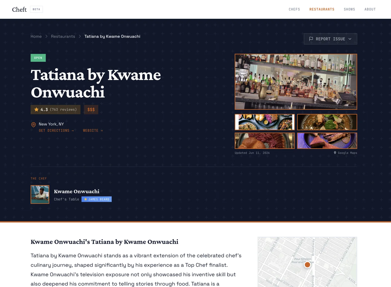 A Cheft restaurant page for Tatiana by Kwame Onwuachi — an OPEN badge, 4.3 rating from 765 reviews, price tier, New York location, a photo gallery, and the chef who runs it.
