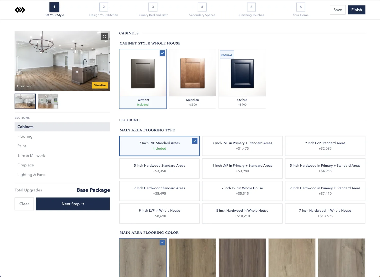 The Finch upgrade picker — a buyer selecting cabinet and flooring options with live pricing while the room renders alongside.