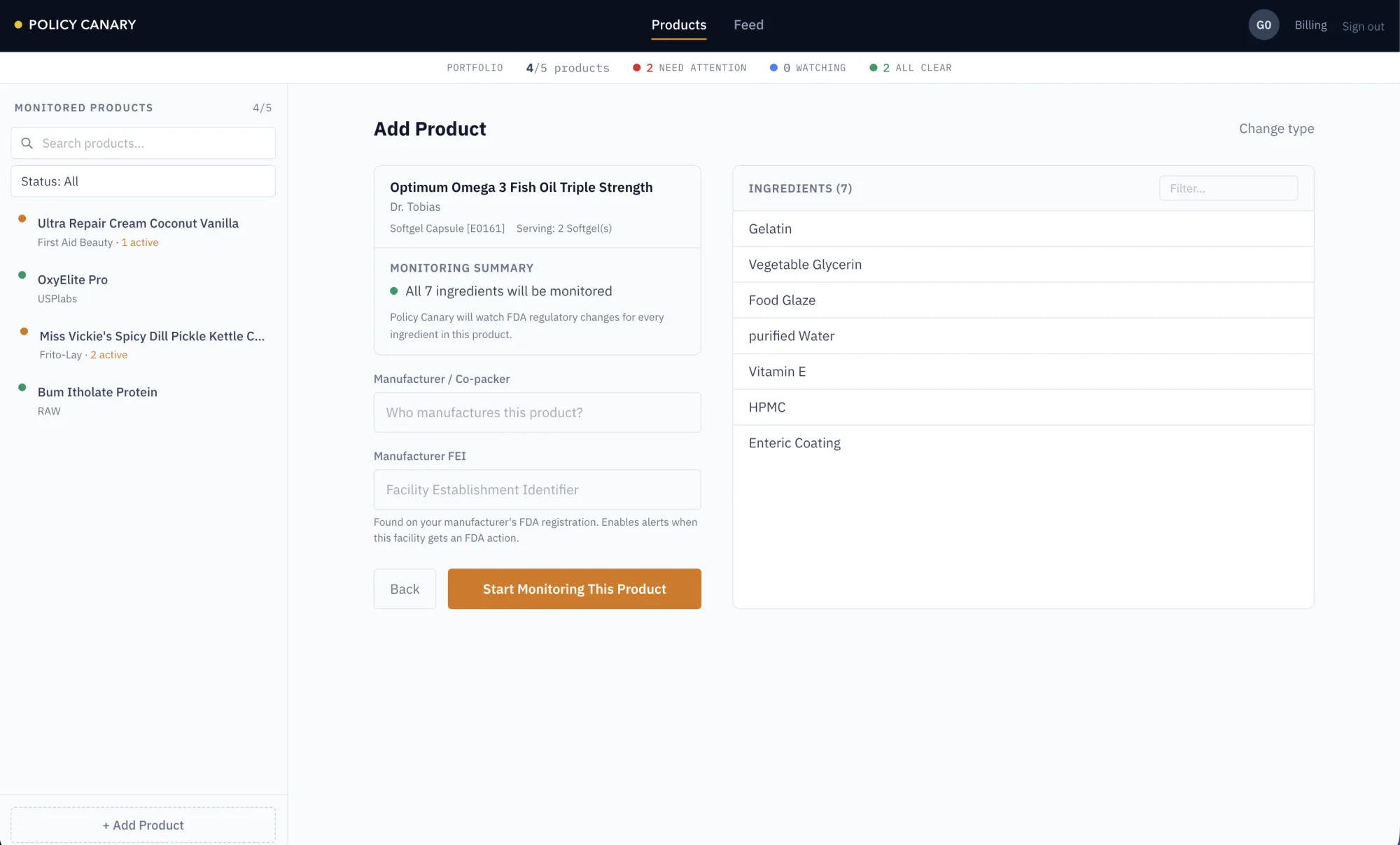 Confirming a product before monitoring: 'All 7 ingredients will be monitored' for an Omega-3 supplement, its ingredients resolved on the right, with an optional manufacturer FEI field for facility-level alerts.