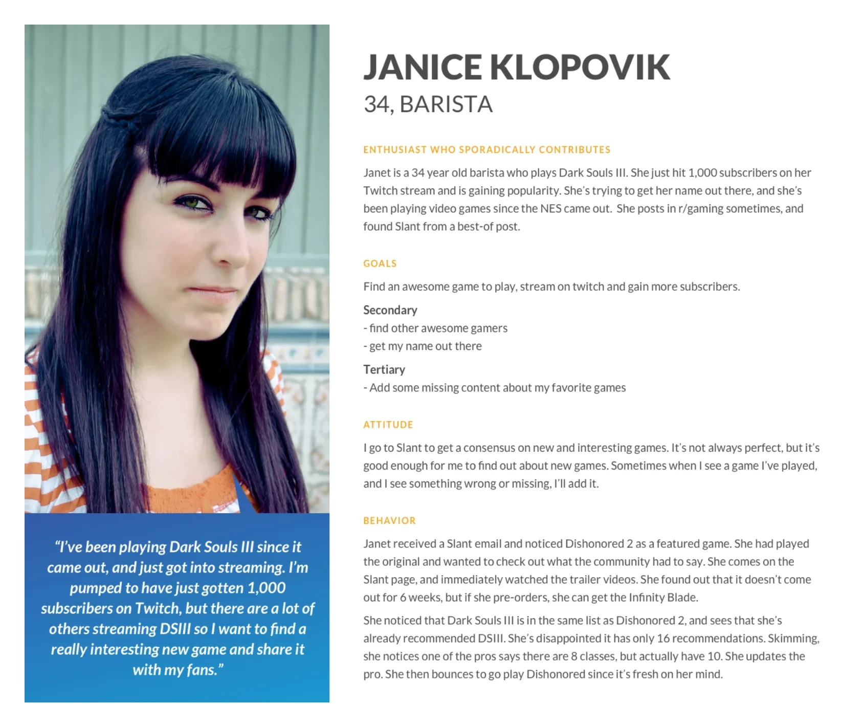 A second Slant Guides persona used to guide the design process.