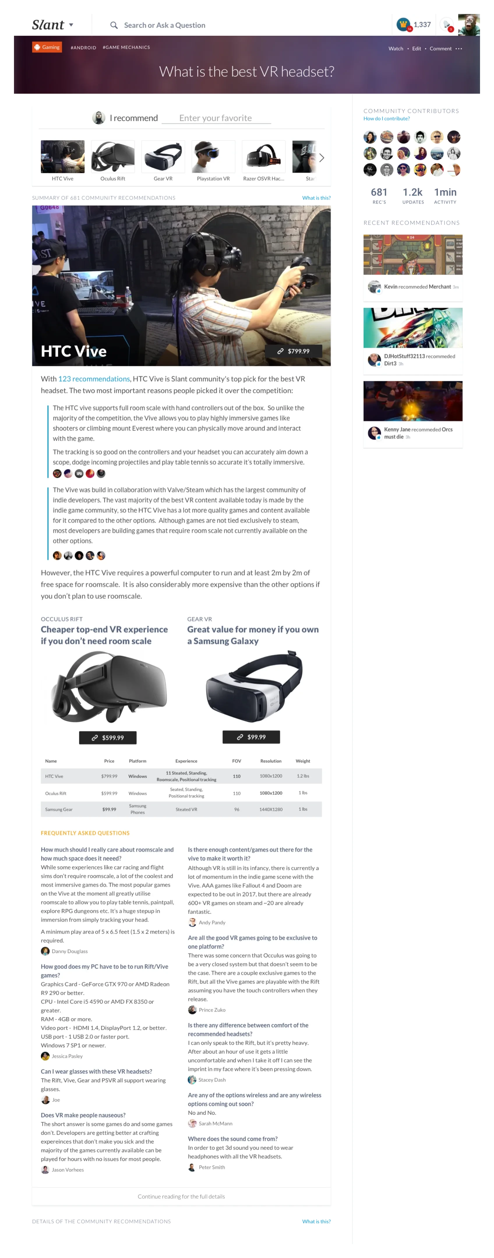 An early Slant Guide prototype — a 'best VR headset' guide.