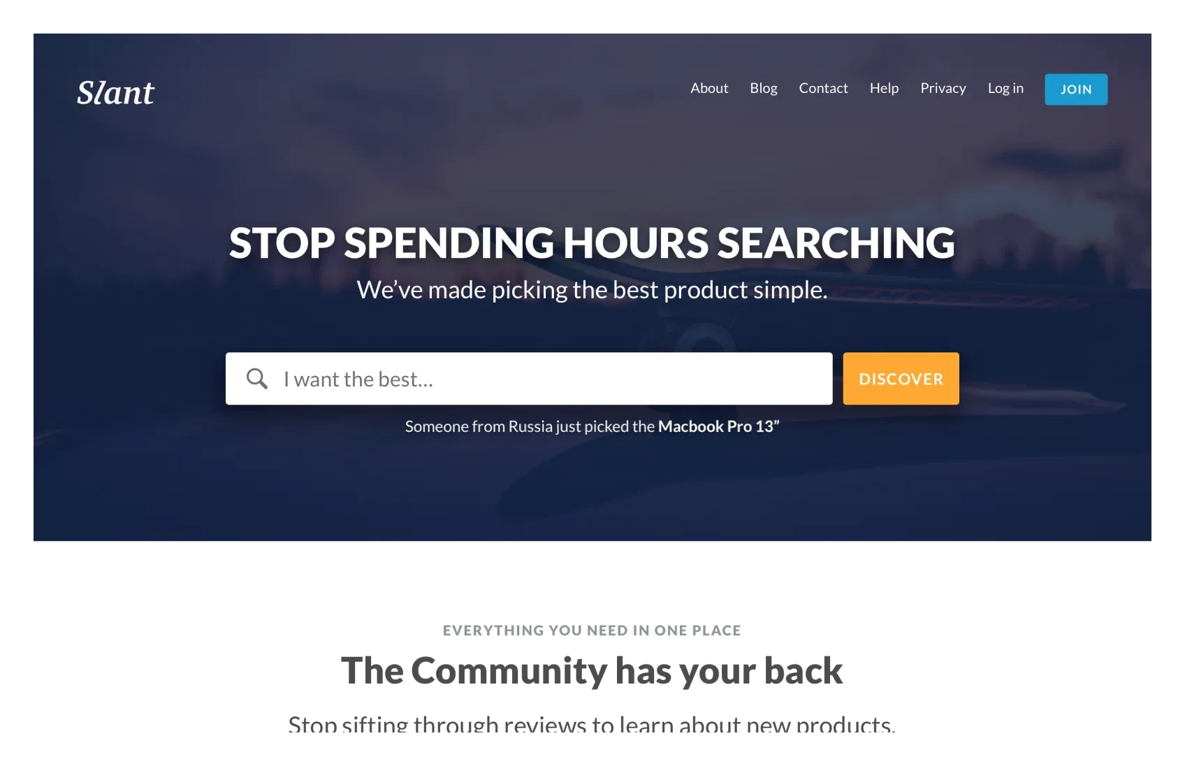 The redesigned Slant home page leading with search and a clear value proposition.