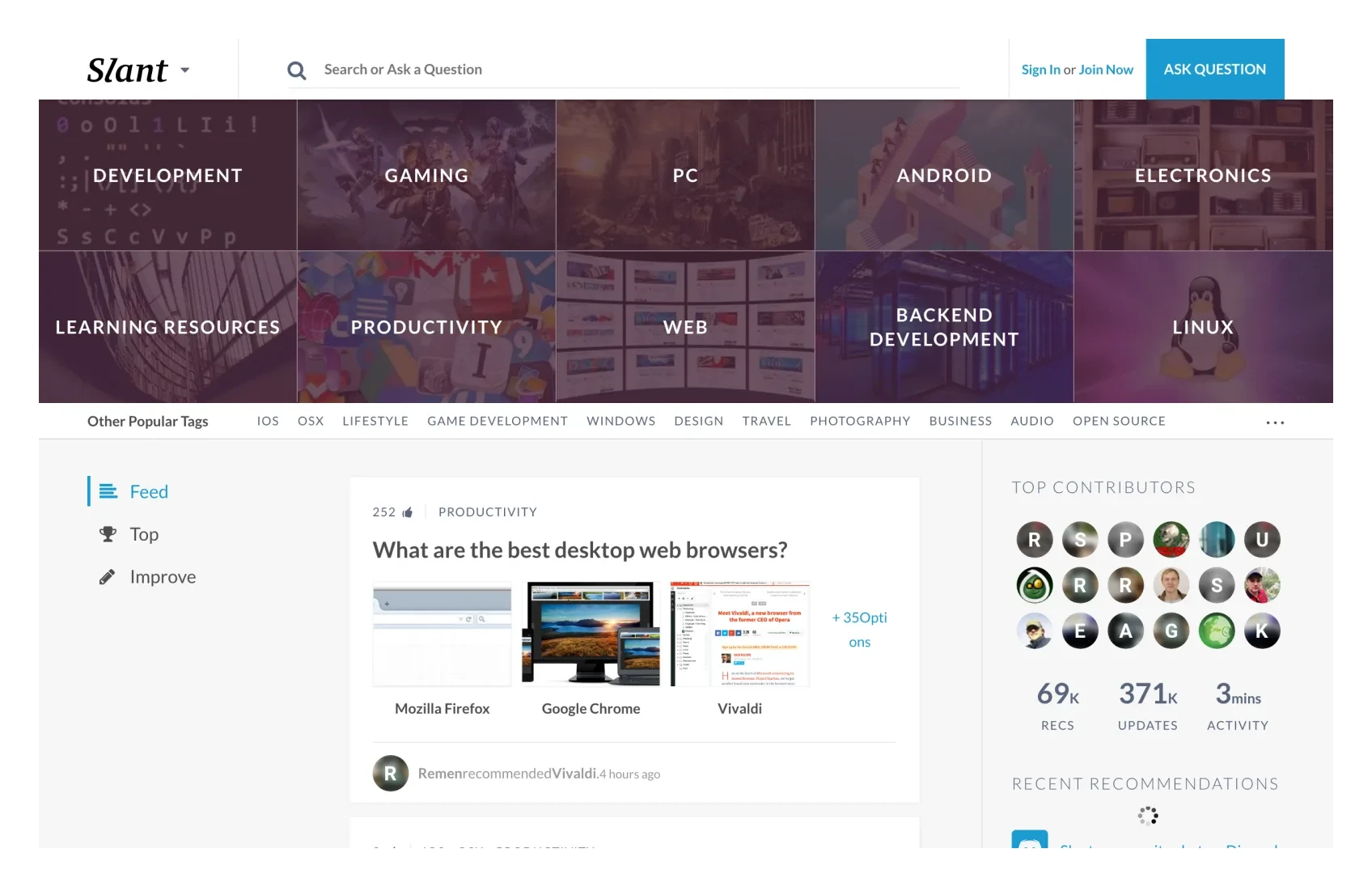 The old Slant home page — a dense community feed of tags and questions.