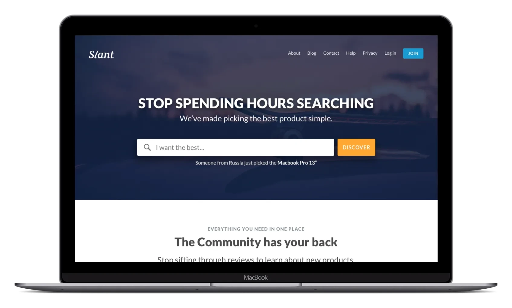 The redesigned Slant home page shown on a laptop, leading with a single search bar.
