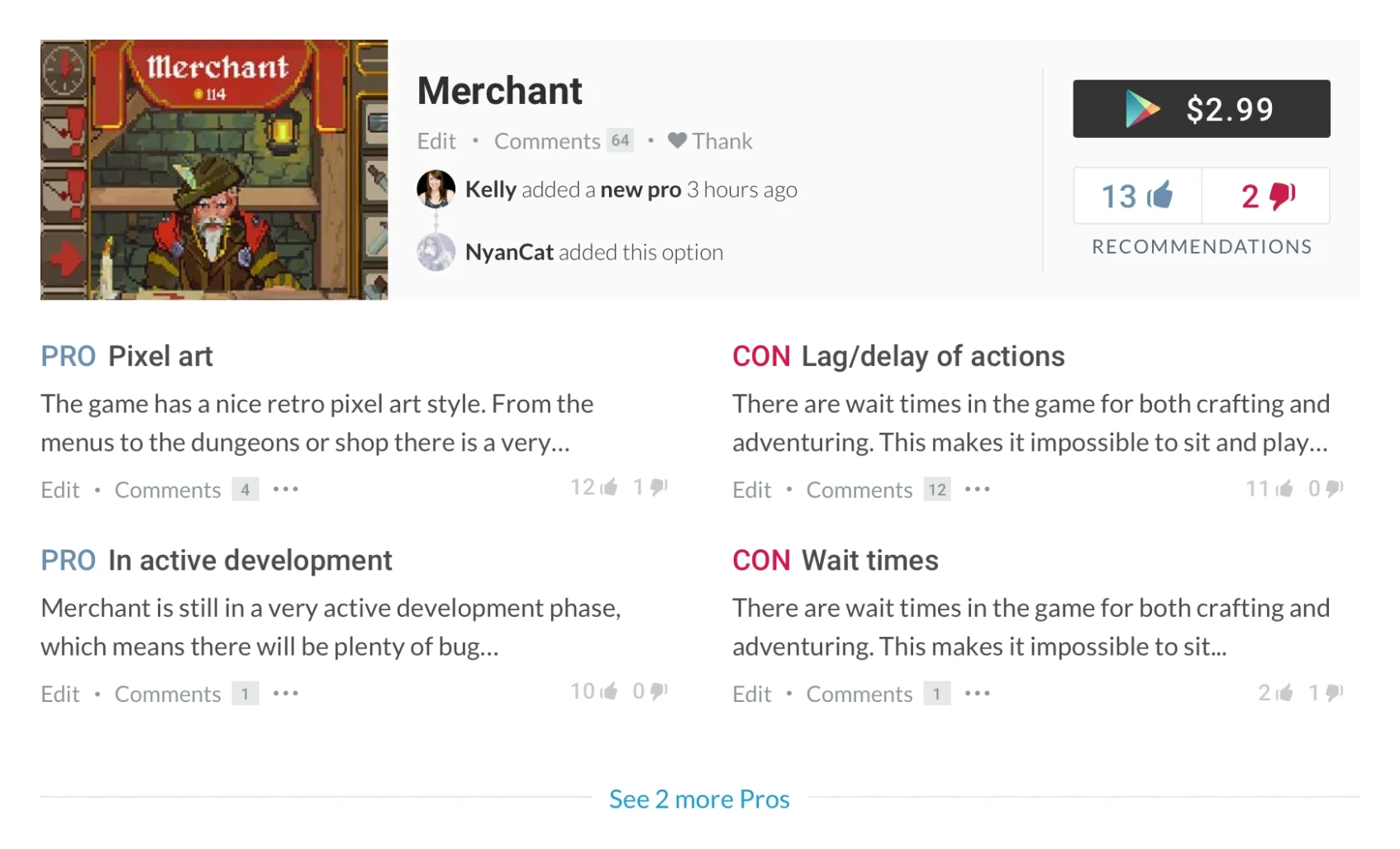 The summary card after round one — pros and cons split into two columns with user images.