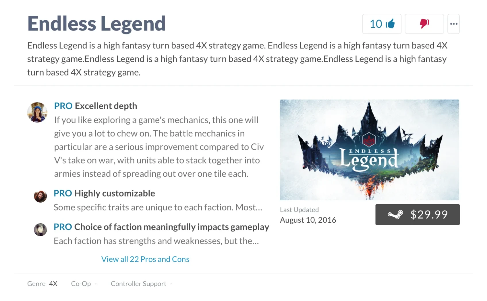 The 2017 gaming summary card with inline video, specs, and game descriptions.