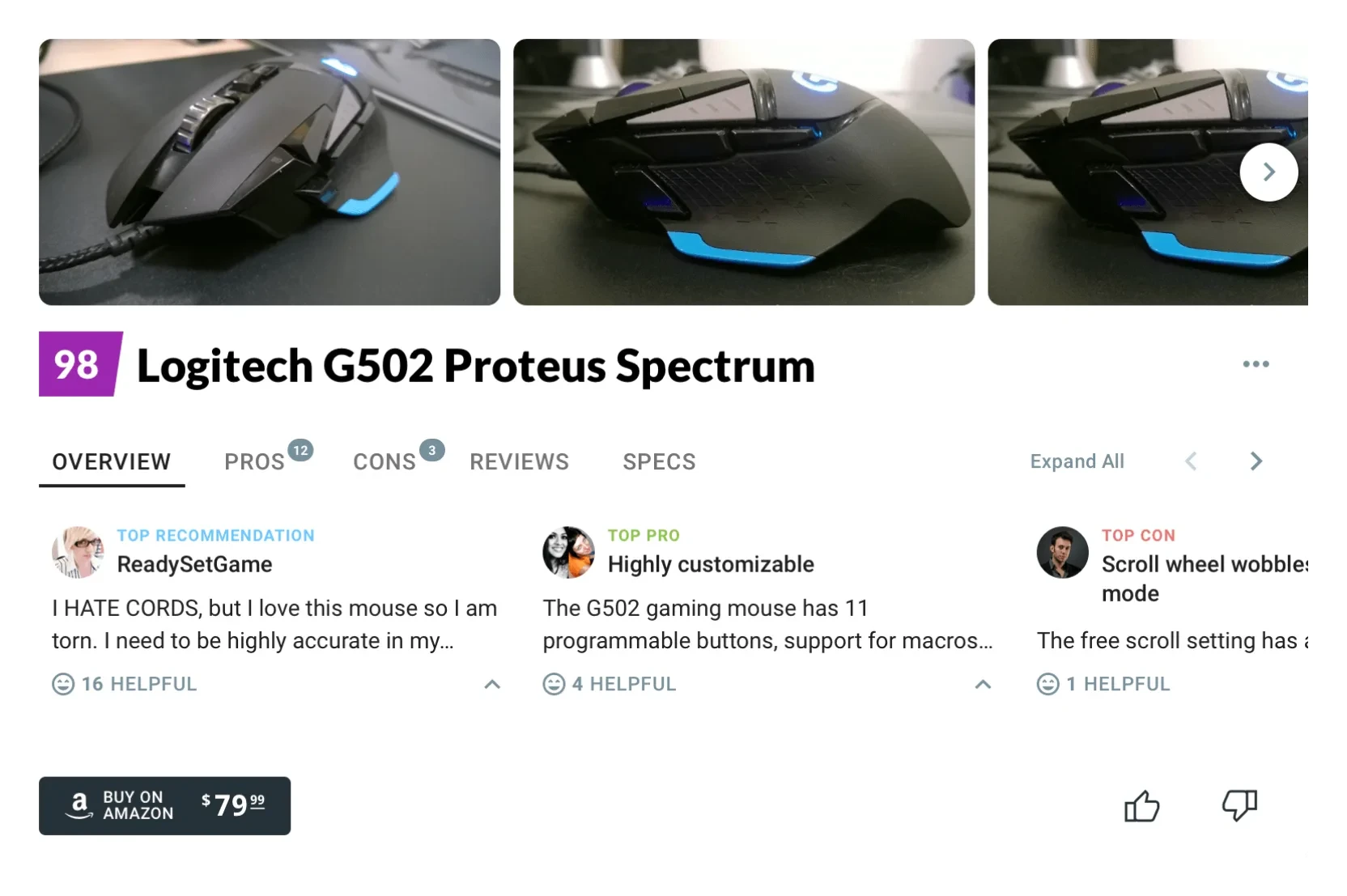 The 2018 summary card — large image carousel up front with deep content tucked behind tabs.